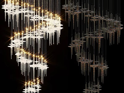 Modern Geometric Chandelier with White Silver Shades Gold Lighting Long Slender Pendants and Black Background 3d model