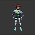 Anime Game Character Featuring Twin Buns Dark Hair Blue Orange Accents Coat Shorts Socks Sneakers