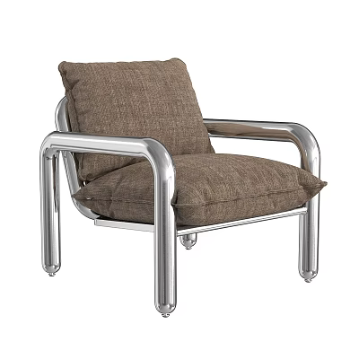 Modern Leisure Chair With Brown Fabric Cushion And Silver Metal Frame 3d model