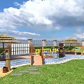 Kids Playground with Slide Thatched Umbrellas Wooden Cabin Water Pool Grass Lawn and Sea View