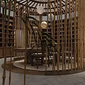 Traditional Chinese Teahouse Interior With Bamboo Partitions Round Wooden Table Chairs Bookshelves And Hanging Lamps