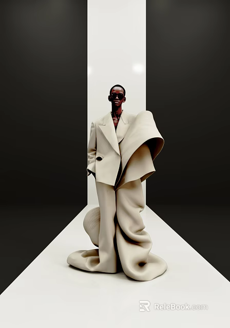 Woman Wearing Sunglasses In Beige Oversized Coat With Dramatic Structural Design On Minimalist Runway 3d model 