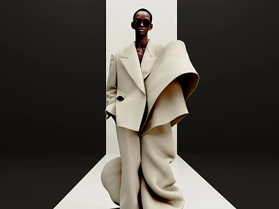 Woman Wearing Sunglasses In Beige Oversized Coat With Dramatic Structural Design On Minimalist Runway 3d model