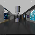 Modern Tech Exhibition Hall With Circular Booth Display Screens And Data Charts 3d model