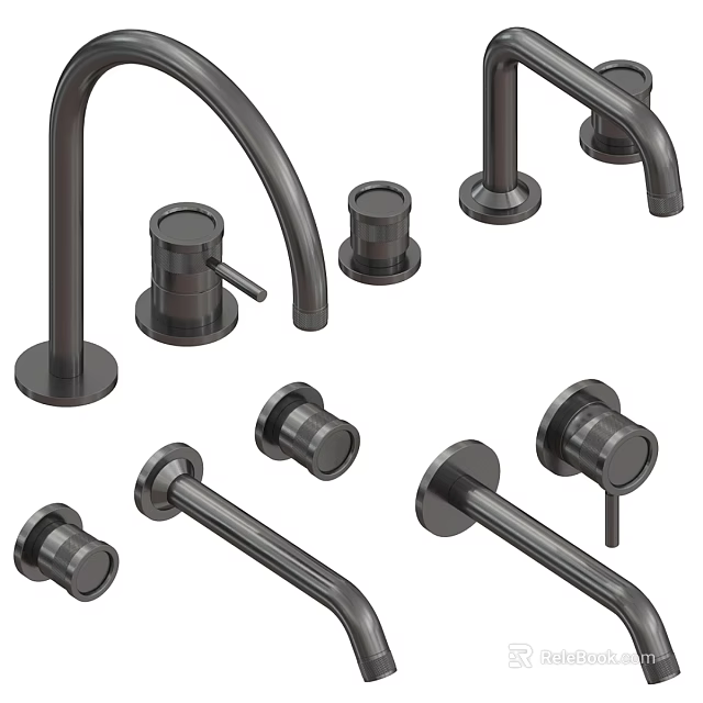 Various Modern Black Faucet Components With Spouts Handles And Bases 3d model 
