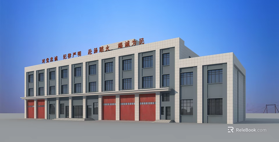 Fire Station Building With Red Doors Gray Exterior And Multiple Windows 3d model