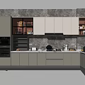 Modern Kitchenware Setup With Gray Cabinets Marble Backsplash And Countertop Appliances 3d model