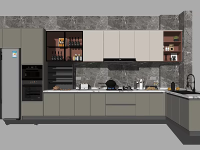 Modern Kitchenware Setup With Gray Cabinets Marble Backsplash And Countertop Appliances 3d model