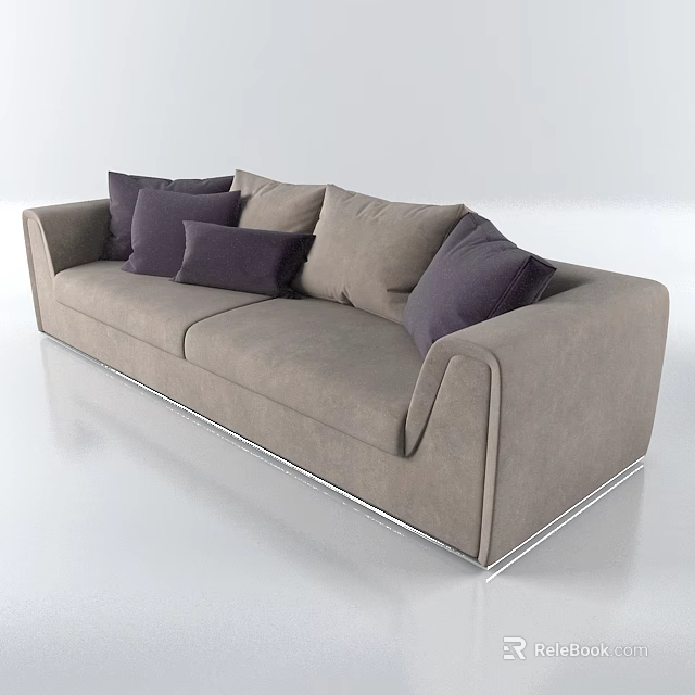Modern Light Brown Two Seater Sofa With Dark Purple Cushions And Metal Frame 3d model