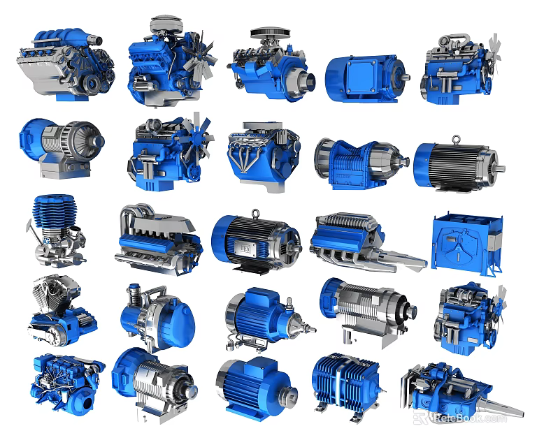 Various Blue Industrial Equipment Including Motors Pumps And Mechanical Parts 3d model 