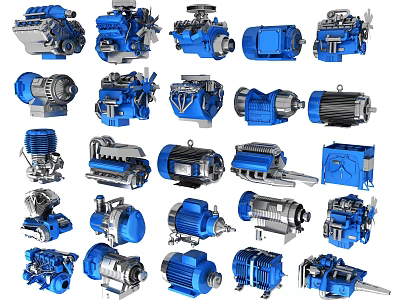 Various Blue Industrial Equipment Including Motors Pumps And Mechanical Parts 3d model