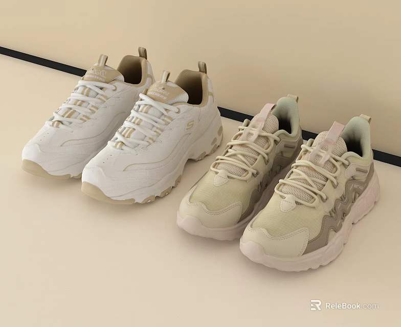 Fashionable Dad Shoes With Thick Sole Lace Up Textured Upper In White Beige Khaki 3d model 