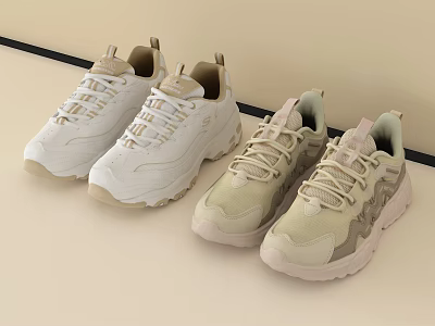 Fashionable Dad Shoes With Thick Sole Lace Up Textured Upper In White Beige Khaki 3d model