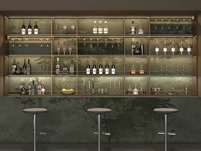 Modern Wine Cabinet With Layered Shelves Wine Bottles Glassware And Bar Stools 3d model