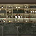 Modern Wine Cabinet With Layered Shelves Wine Bottles Glassware And Bar Stools