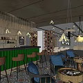 Milk Tea Shop Interior With Cozy Seating Blue Cushion Chairs Hanging Lights And Green Counter