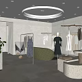 Modern Clothing Store Interior With Clothing Racks Mannequins Green Sofa And Warm Lighting