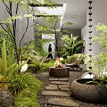 Lush Indoor Landscape With Greenery Stone Path Fire Pit Seating Skylight And Natural Light