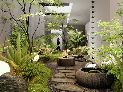Lush Indoor Landscape With Greenery Stone Path Fire Pit Seating Skylight And Natural Light 3d model