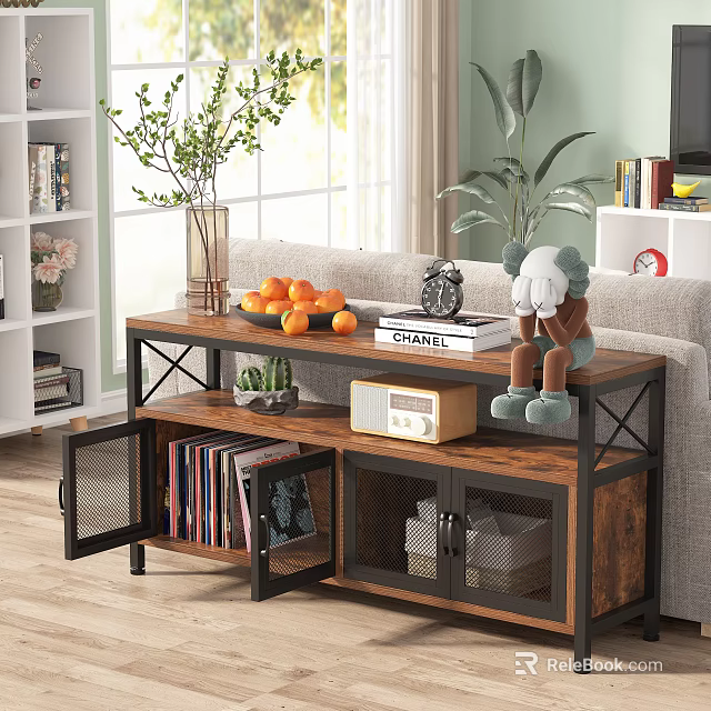 Decorative Cabinet With Wooden Metal Frame In Living Room Vase Oranges Books Stuffed Toy Records 3d model 