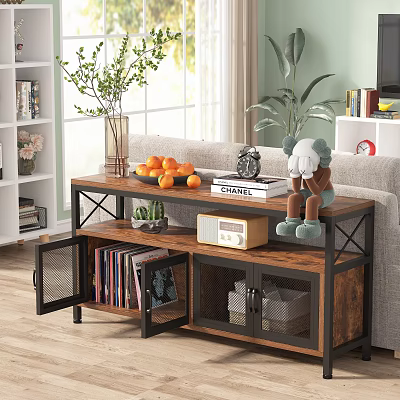 Decorative Cabinet With Wooden Metal Frame In Living Room Vase Oranges Books Stuffed Toy Records 3d model