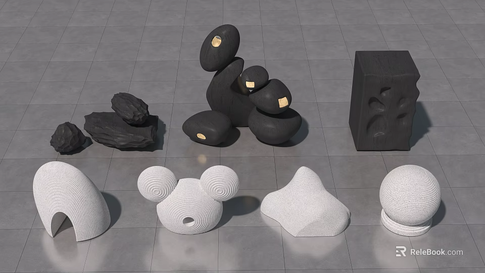 Modern Garden Ornaments With Abstract Stone Sculptures And Geometric Shapes 3d model 