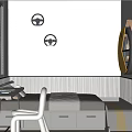 Tatami Bedroom Interior With Study Desk White Chair Car Sketch Wall Art And Storage Drawers