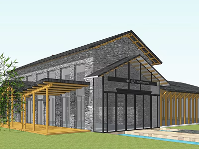 Modern Chinese Style Detached Villa With Gray Stone Walls Black Roof And Wooden Pergola 3d model