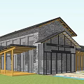 Modern Chinese Style Detached Villa With Gray Stone Walls Black Roof And Wooden Pergola