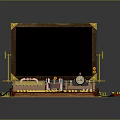 Vintage Wooden Framed Monitor Workstation With Red Typewriter Keyboard Gold Accents And Cartoon Mouse