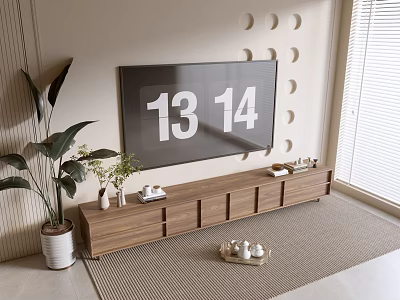 Modern Minimalist Wooden TV Stand With Green Plants Decorative Items And Circular Wall Design 3d model