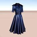 Elegant Blue Dress With Short Sleeves Black Collar Black Belt And A line Skirt