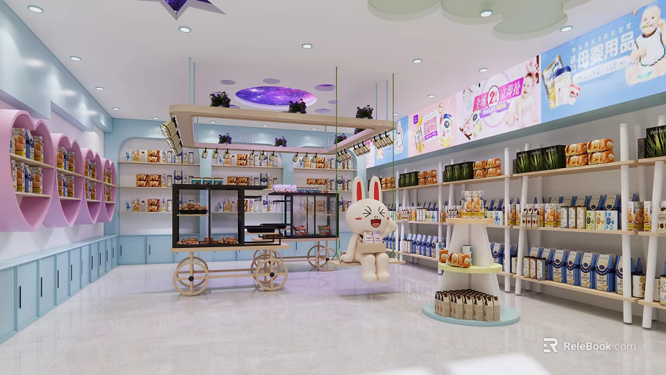 Cute Specialty Store Interior With Rabbit Doll Shelves Snacks And Beverages 3d model 