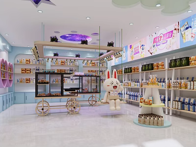 Cute Specialty Store Interior With Rabbit Doll Shelves Snacks And Beverages 3d model