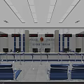 Police Service Hall Interior With Service Counters Blue Chairs Display Screens And Pillars