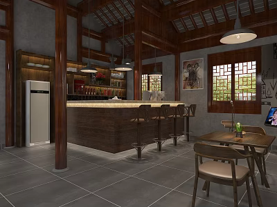 Chinese Style Reception Area With Wooden Bar Counter Lattice Windows And Dining Seating 3d model