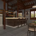 Chinese Style Reception Area With Wooden Bar Counter Lattice Windows And Dining Seating