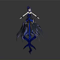 Anime Female Character In Blue Black Outfit With Purple Hair And Feathered Wings