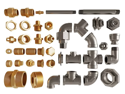 Various Pipe Fittings and Components Including Brass Steel Elbows Valves and Connectors 3d model