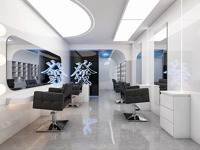 Modern Hair Salon Interior Design With White Decor Black Chairs And Mirrors 3d model