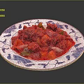 Colorful Spicy Meat Stir Fry With Carrots Onions Bell Peppers In Blue And White Plate