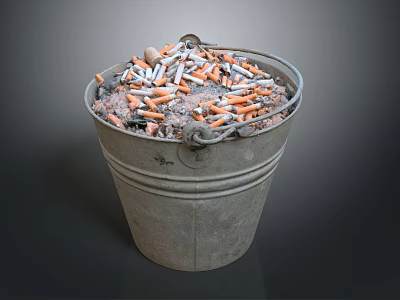 Rustic Metal Bucket Filled With Used Cigarette Butts And Ash 3d model