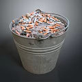 Rustic Metal Bucket Filled With Used Cigarette Butts And Ash 3d model