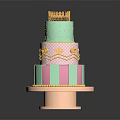 Three Tier Light Green And Pink Cake With Gold Crown Striped Design