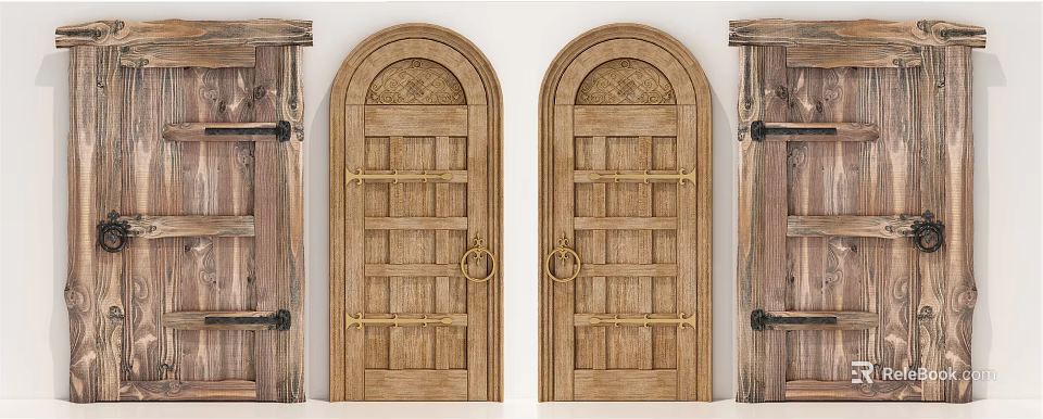 Wooden Hinged Doors with Arched Top Carved Patterns and Metal Hardware 3d model 
