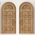Wooden Hinged Doors with Arched Top Carved Patterns and Metal Hardware