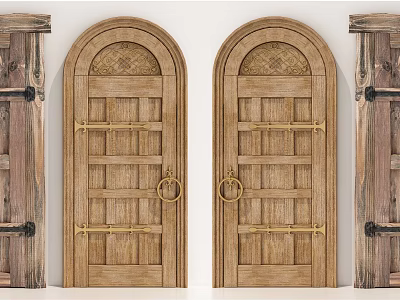 Wooden Hinged Doors with Arched Top Carved Patterns and Metal Hardware 3d model