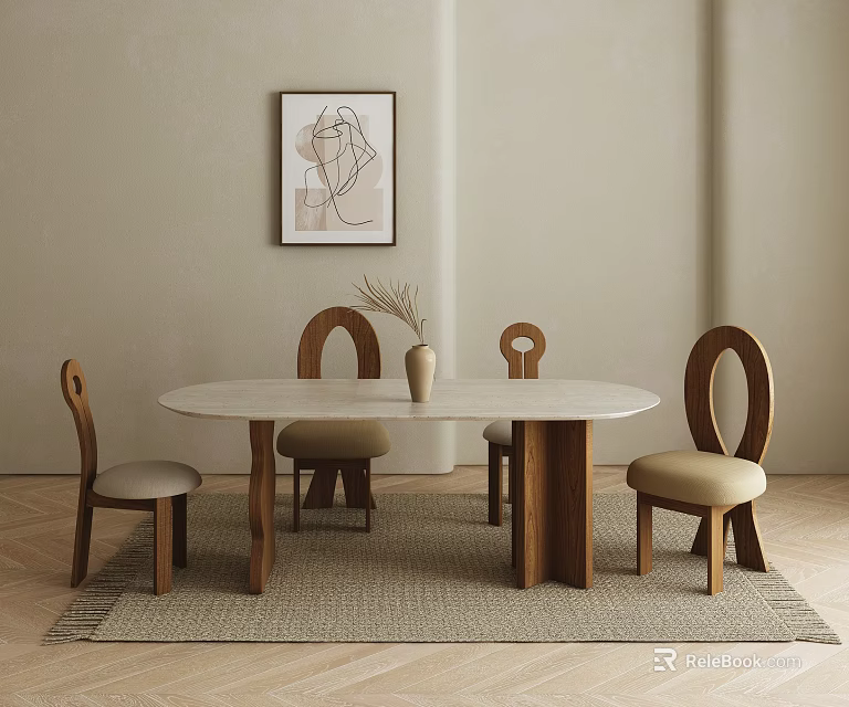 Minimalist Dining Table Set with Arched Chairs White Tabletop Wooden Legs Vase and Rug 3d model 