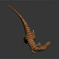 Realistic Velociraptor Dinosaur Model With Orange White Stripes Standing On Gray Background