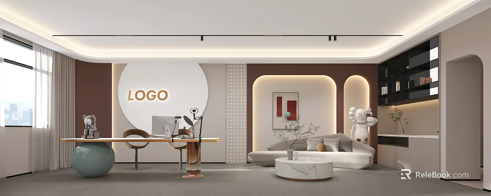 Modern Public Office Space With Lounge Area Green Plants Recessed Lighting And Artwork 3d model 